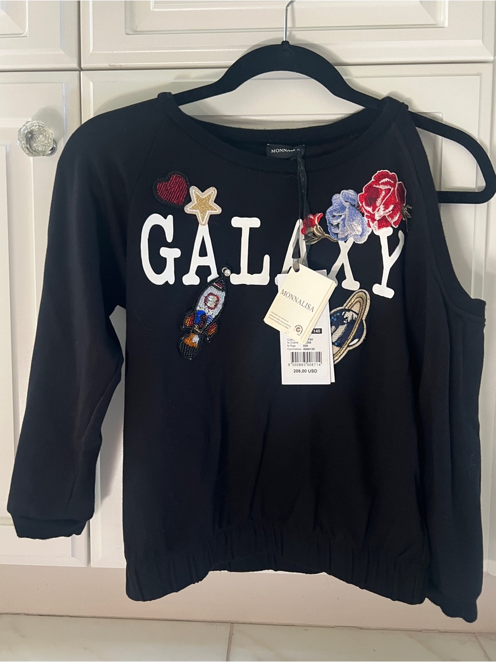 Monnalisa Girls' Black 'GALAXY' Embroidered Cold-Shoulder Sweatshirt